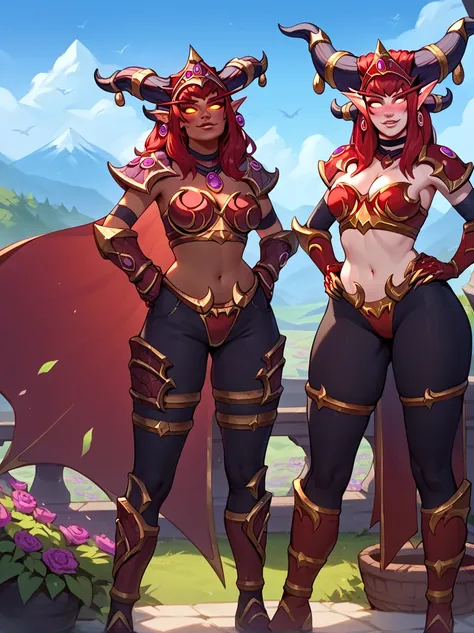 score_9, score_8_up, score_7_up, score_6_up, uncensored, BREAK,
Alexstrasza is standing, hands on own hips, legs apart, cowboy shot,
dark skin, 1girl, (long pointy ears:1.2),
blush, looking at viewer, smirk, parted lips, head tilt, 
red hair, yellow eyes, ...