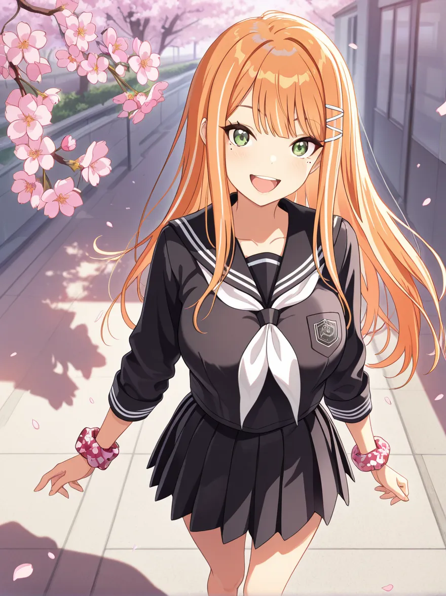 (masterpiece),(best quality),(ultra-detailed),(best illustration),(best shadow),(absurdres),(detailed background),(very aesthetic),1girl, shiun sumika, green eyes, long hair, wrist scrunchie, jewelry, orange hair, hairclip, mole under eye, large breasts, s...