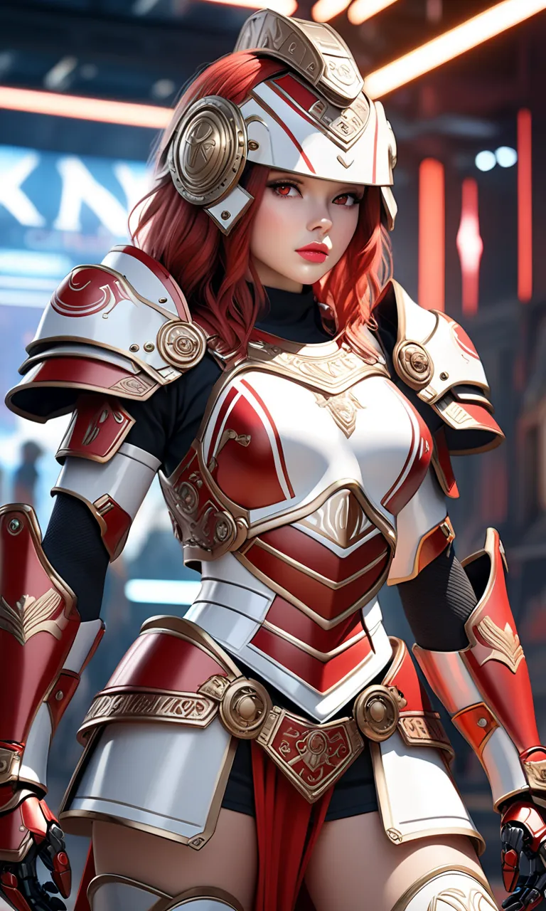  ( bestquality,4K,8k, highres,masterpiece:1.3),ultra-detailed,(realistic,photorealistic,photo-realistic:1.3),HDR,UHD,depicts future robot armor with motifs of gladiators from the ancient Roman Empire、 Concept Art Style 、１８a beautiful red haired girl with r...