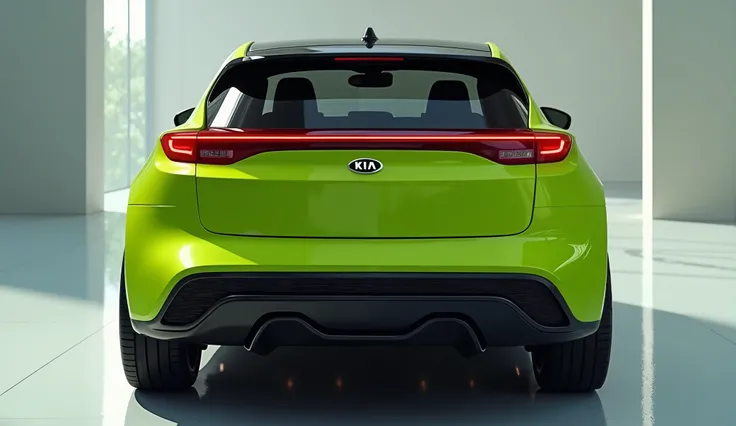 "A hyper-realistic, ultra-detailed 8K full-frame render of the center rear section of the 2026 Kia EV3, capturing its futuristic and aerodynamic design with precision lighting and showroom-grade clarity. The Electric Lime Green exterior accentuates the scu...