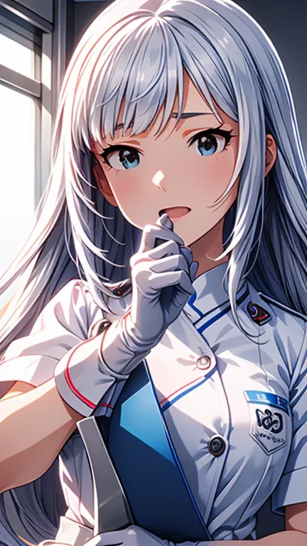 TOP QUALITY、high resolution、HD、high resolution、(( hospital 、Hospital room、Holding a large enema syringe in both hands))、(tsumugi shiraishi  , low hair long hair, Silver Hair,、glossy lips、Glowing Skin、realistic skin texture、( white nurse uniform、 gloves))、i...