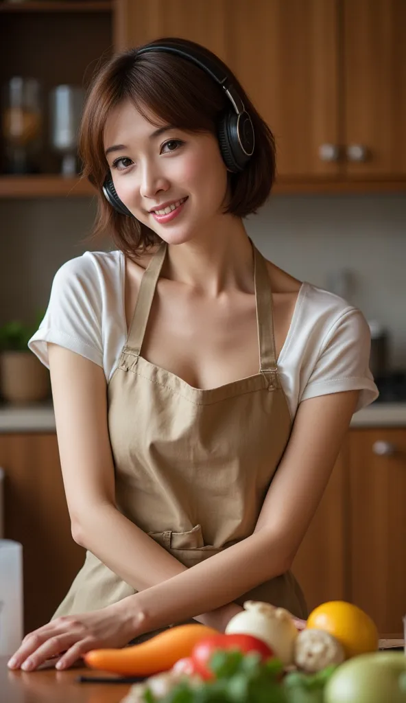 (((TOP QUALITY)), (( masterpiece)), ( exhaustive), 1 person,  sexy、アイドルの可愛さの masterpiece！30 year old housewife 、She's standing in the kitchen cooking with her headphones and apron on.。 Dynamic lighting frames her round face .、 emphasizes her slender eyes a...