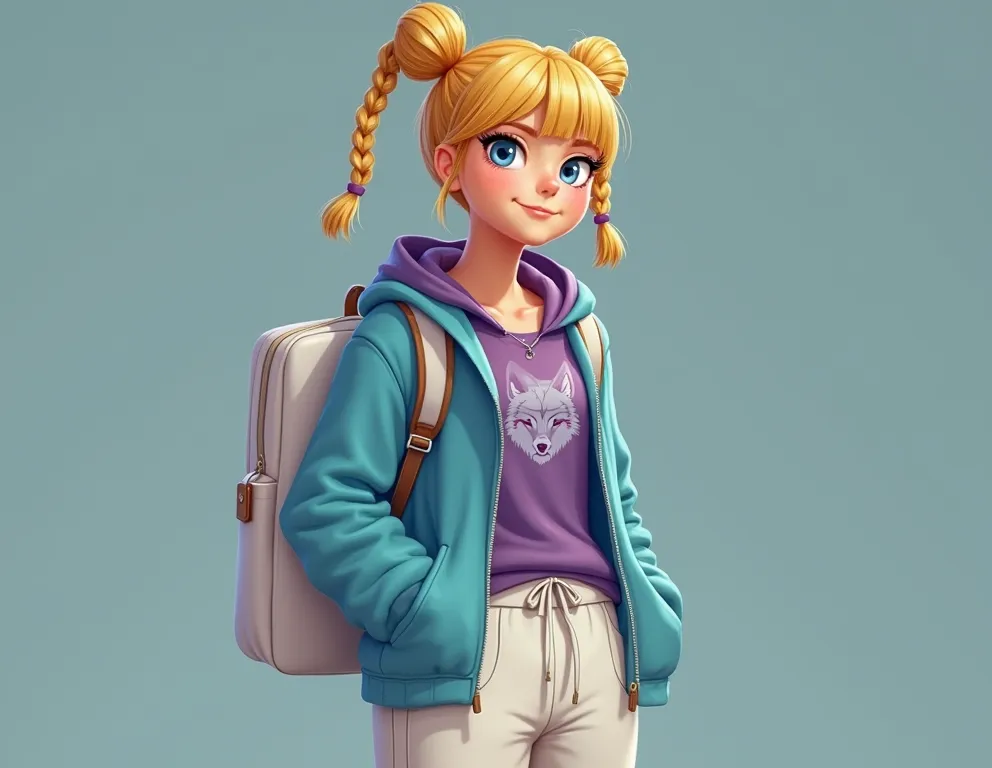 Character. Asian,with Scandinavian traits.Female, 18+  Blonde hair,  twin buns and braids,bangs.. Bright blue eyes. Tall. Athletic. Anatomically Correct,  wearing, white sweatpants, violet t shirt, and  sky blue hoodie , wolf print hoodie. White backpack