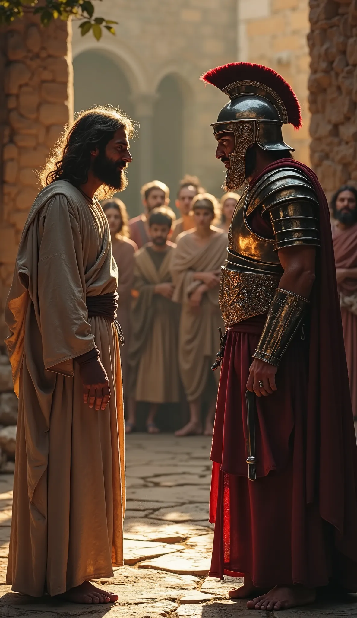 "A hyper-realistic zoom-out scene showing Jesus Christ facing a Roman soldier. Jesus, with a serene and compassionate expression, is dressed in a simple robe, while the soldier, clad in his gleaming metal armor, gazes at him with a mix of hardness and unce...