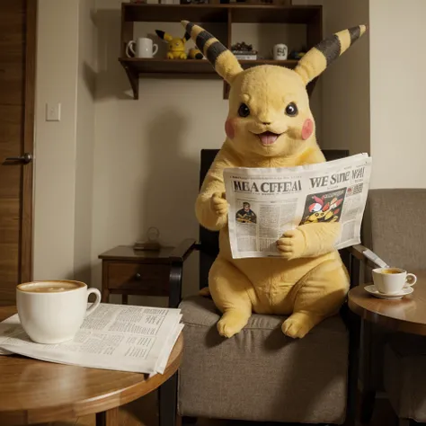 A Pikachu is sitting on a chair, drinking coffee and reading a newspaper