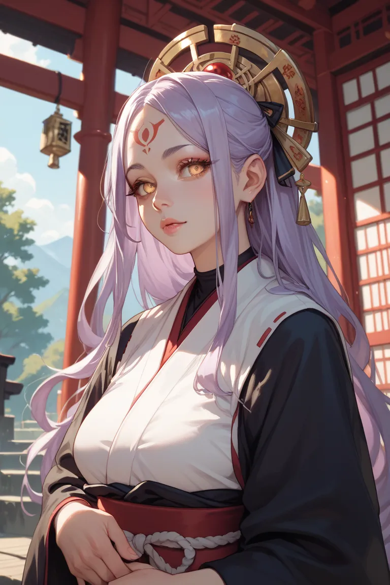 Light purple hair, saggy eyes, golden eyes, a shrine maiden, long hair