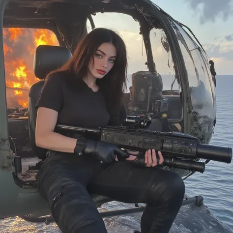  realistic drawing,  An Extremely Beautiful Woman,  straight jet black hair long , very blue eyes, small nose,  full lips, very feminine features, dressed in black military cargo pants,  and a long black short sleeve shirt ,  in a helicopter, with the door...