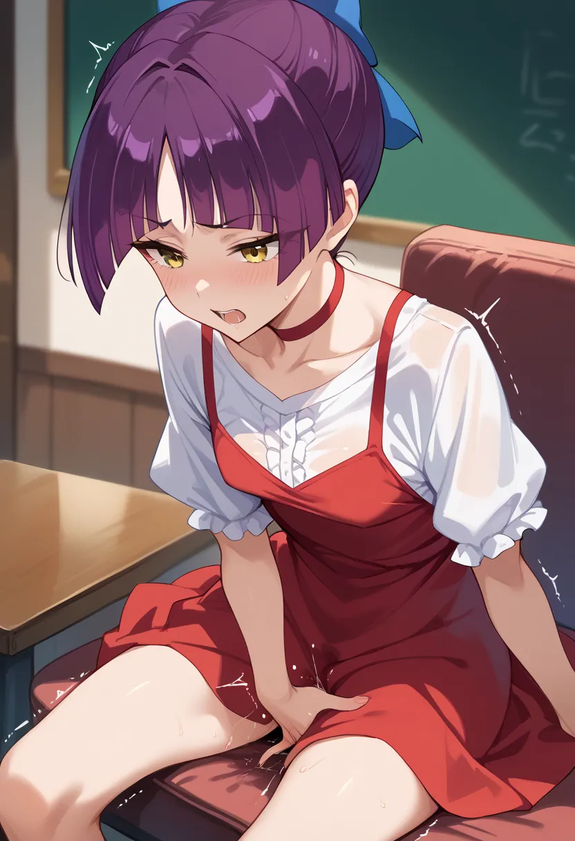 masterpiece,high resolution,TOP QUALITY,8k
(Gegege no Kitaro,nekomusume,small breast,purple hair,short hair,yellow eyes)
(red choker,white shirt,red dress)
(leaning forward,sitting) (hands covering own crotch,fingering)(orgasm,trembling)Love juice