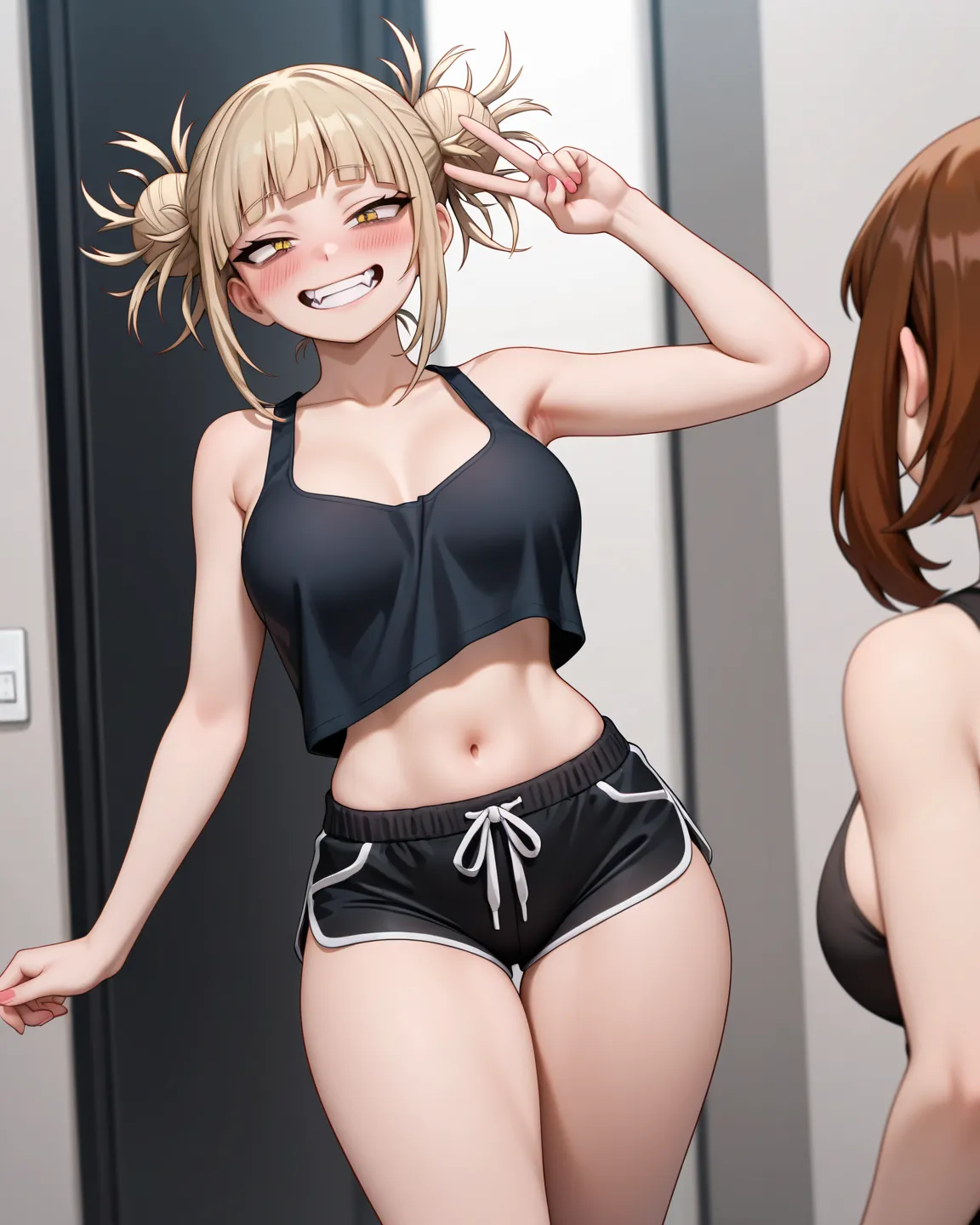 masterpiece, best quality, incredible quality,  is very aesthetic, High resolution,  ultra-detailed, absurdities,     two s, duo , toga himiko, and Ochaco Uraraka  ,  they are wearing black tank tops, black shorts, smiling, ,  