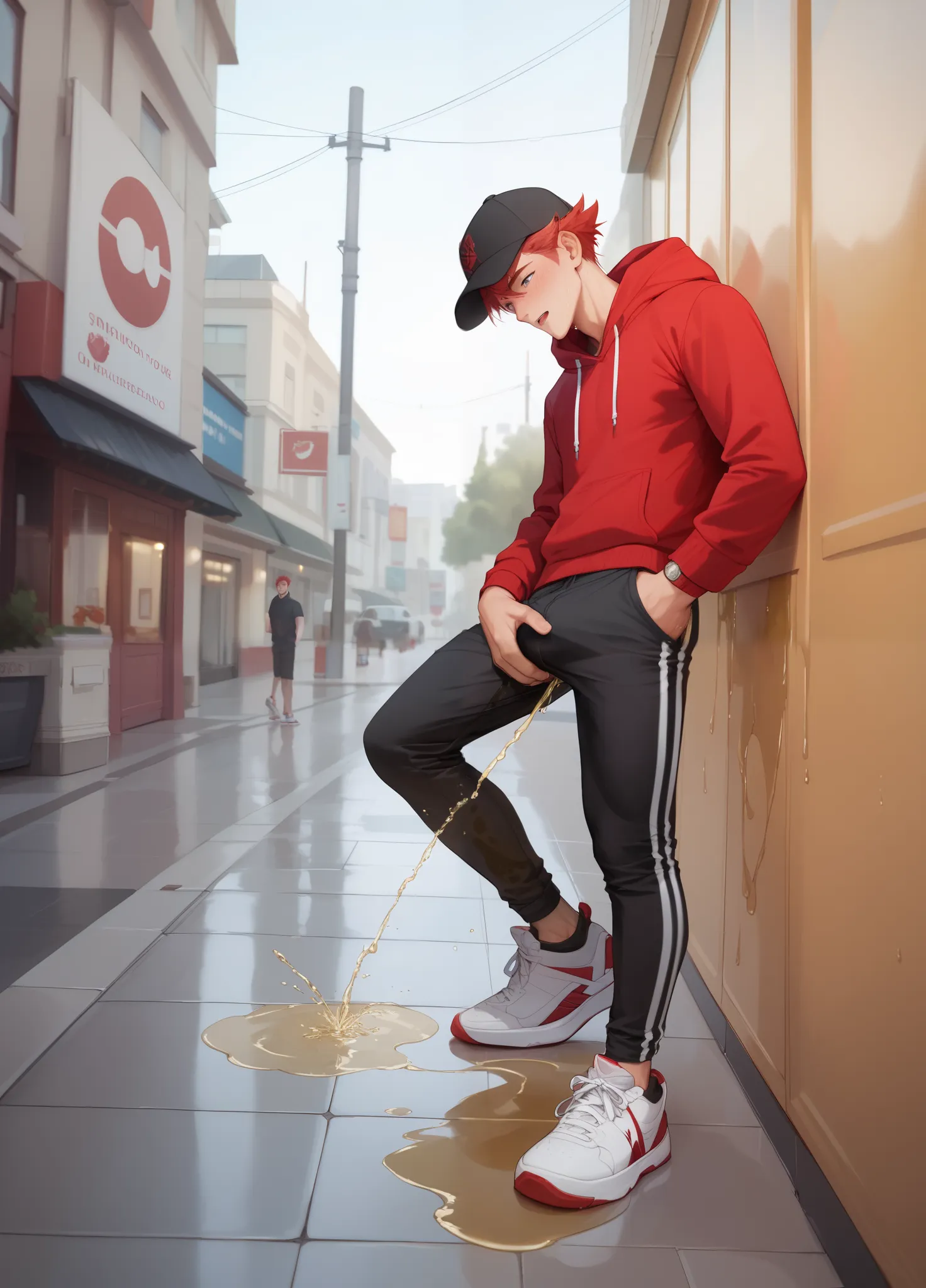 LiaqN.Red haired man.Handsome.Wearing a red hoodie cap black skinny pants Hi Top Sneakers.He couldn't hold his pee.There is a large pee wet spot on his crotch.Pee stain on his pants.Pee wet spot on his crotch.He is ashamed of peeing himself