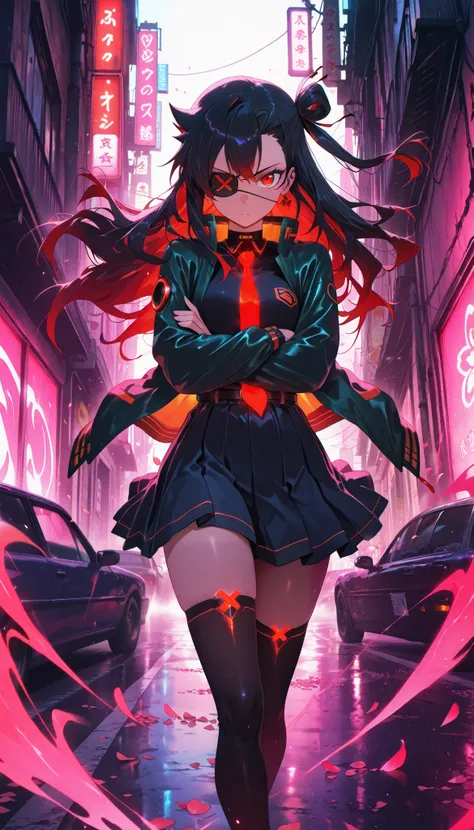 aniwall, anime, aesthetic, 8k wallpaper, detailed, 1girl, long_hair, looking_at_viewer, serious, confident, medical_eye_patch, left_eye_patch, black_hair, red_eyes, school_uniform, black_uniform, gold_accents, high_collar, pleated_skirt, thighhighs, jacket...