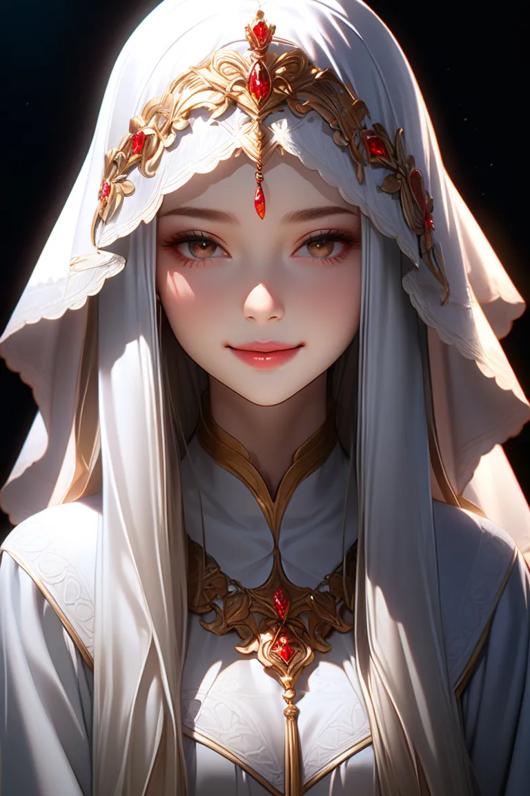 Task Information: Full view, general BREAK/a beautiful young girl with a thick white veil on her head, BREAK/ the veil covers her eyes, only her mouth is visible BREAK/ long hair sticks out of the veil, BREAK/ she has a devilish smile BREAK/  masterpiece, ...