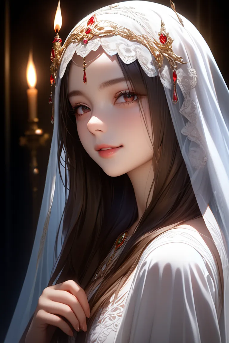 Task Information: Full view, general BREAK/a beautiful young girl with a thick white veil on her head, BREAK/ the veil covers her eyes, only her mouth is visible BREAK/ long hair sticks out of the veil, BREAK/ she has a devilish smile BREAK/  masterpiece, ...