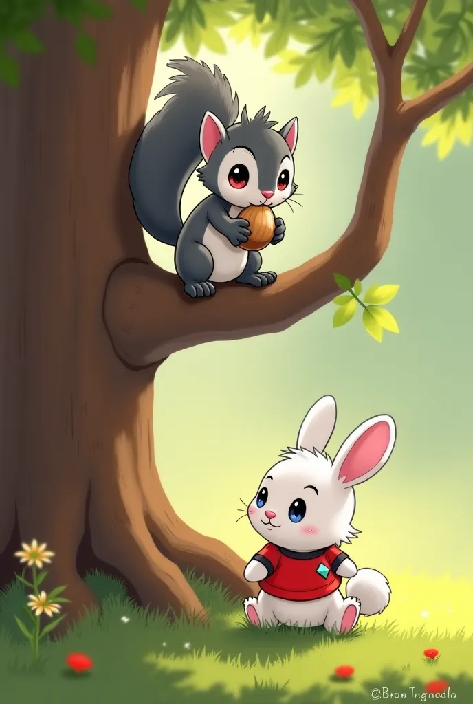 A cute  grey and skinny squirrel with bright eyes and a bushy tail (Chumki) sitting on a tree branch, eating a nut. Below the tree, a fluffy white rabbit (Mono) wearing a red shirt with diamond stone on it, is happily playing in the soft green grass. They ...