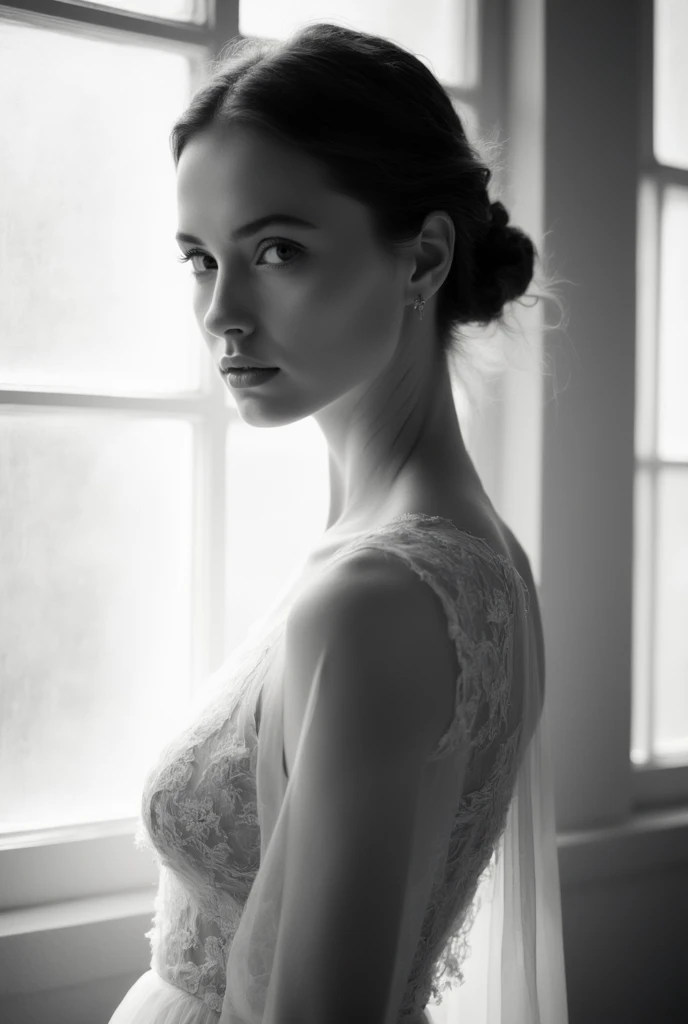 a woman in a sheer white dress, soft light from the side, black and white photo, with backdrop of natural light, black and white picture, soft lighting and focus, high key lighting, in black and white, ethereal back light