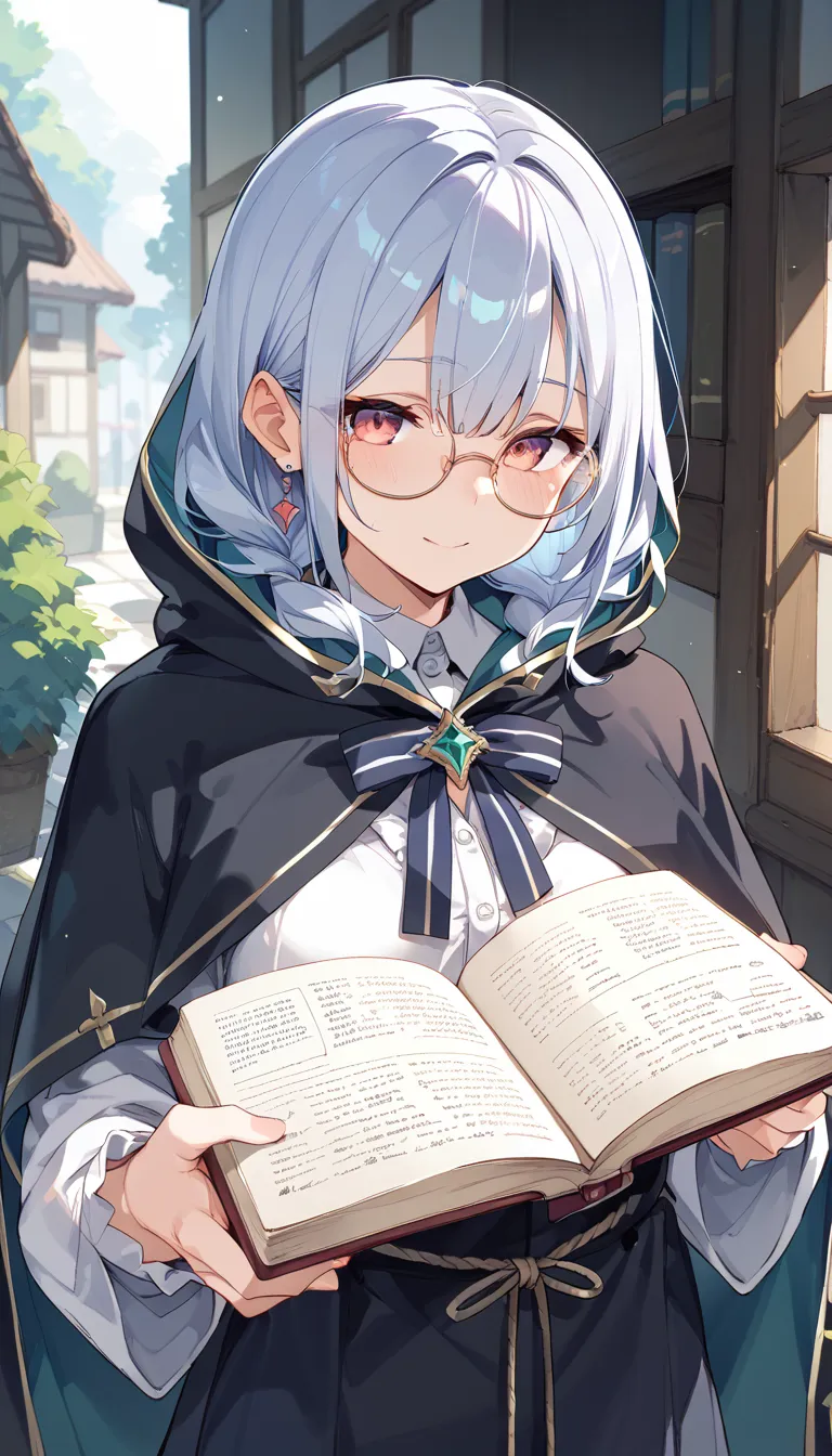  girl、魔法 girl、grimoire、 round glasses、 hooded cloak、Cane、Magic Rim、 basement、Books、A Scene from the Movie、noble