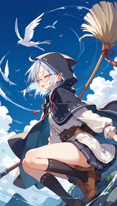  girl、魔法 girl、 round glasses、 hooded cloak、Riding a broom、A Scene from the Movie、noble