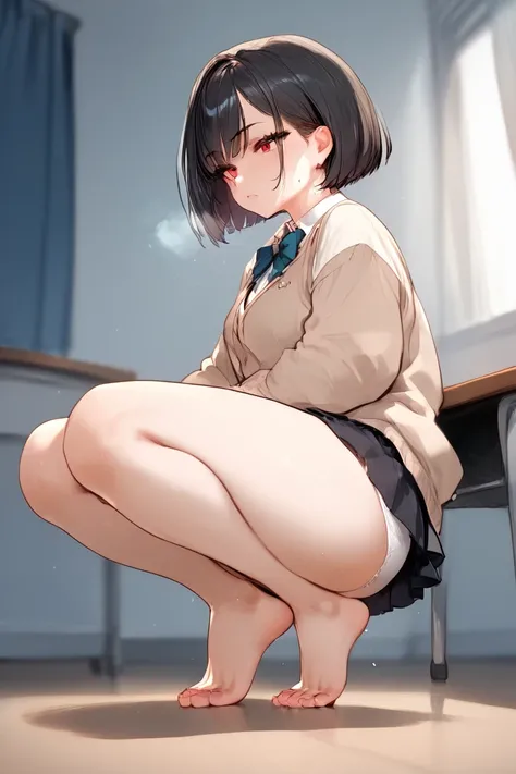 anime style, 1 girl as punishment, big round red eyes up to above the knee , have small heads,Long legs,  My thighs and buttocks are firm , short cut black hair ,She is wearing a grey pleated skirt that is just above her knees, wear a slightly larger beige...