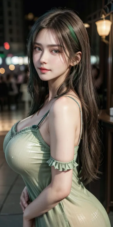 masterpiece，The best quality at its best，High resolution，8k，((Portraiture))，(Head close-up)，Original photo，Actual photo，Digital photography，()，,((Wear transparent nightgown、)),, ((( Rich, soft breasts,)))((( big breasts))), 25-year-old female，(Inky green g...