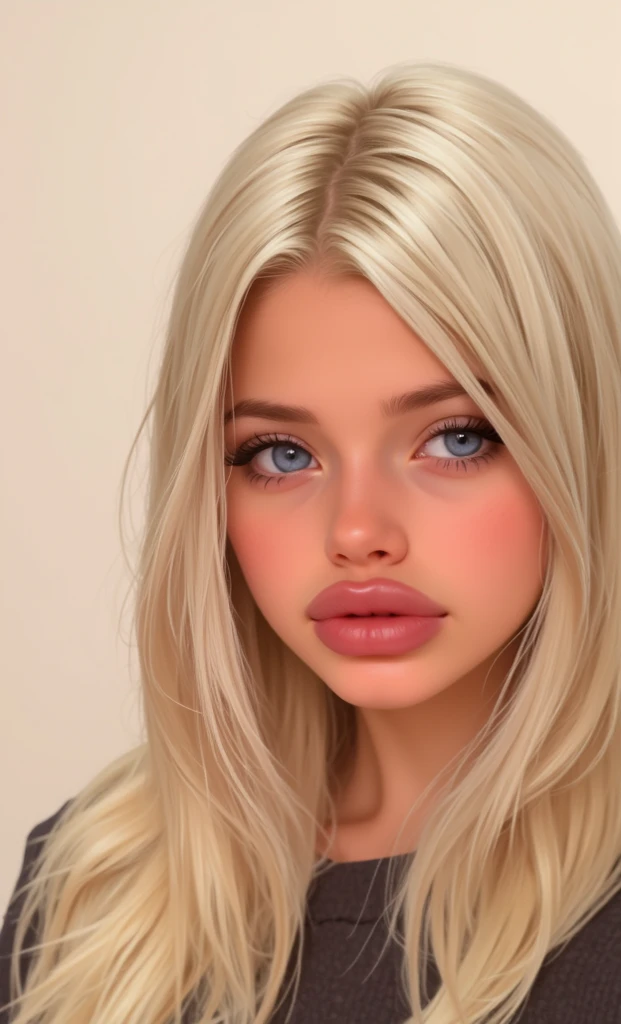 blonde girl, blue eyes, airhead expression, bimbo lips, little nose, fellatio gesture