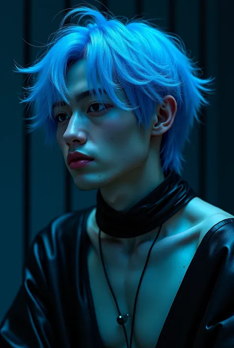 create a guy like this:  No body hair,shoulder length light blue hair,slightly wavy and scattered,eyes black as an abyss,korean appearance,angular facial features ,Black eyebrows,plump lips, fair skin,very few freckles on his nose, sharp abs,slightly infla...