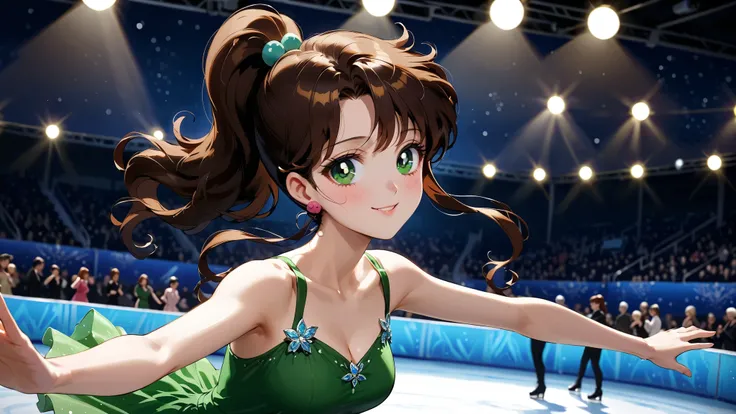 masterpiece, best quality, very aesthetic, ultra detailed, intricate details, ice rink, indoors, aajupiter, brown hair, ponytail, hair bobbles, green eyes, figure skating,dancing on grand ice skating exhibition, green sports dress, happy, Enchanting Eyes, ...