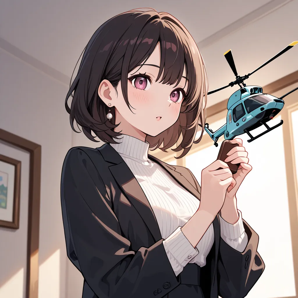 Adult woman holding a toy helicopter in her hands