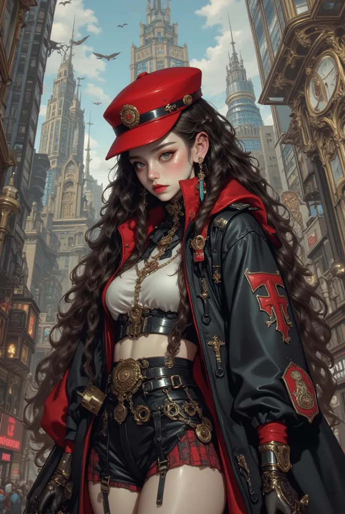 A steampunk Gothic makeup woman with dreadlocks, long red hat and accessories, cheerful & cheerful with a calm, mysterious expression, wearing a long flowing black jacket standing in the middle of a spooky Gothic cityscape. Sexy and wild pose. The backgrou...