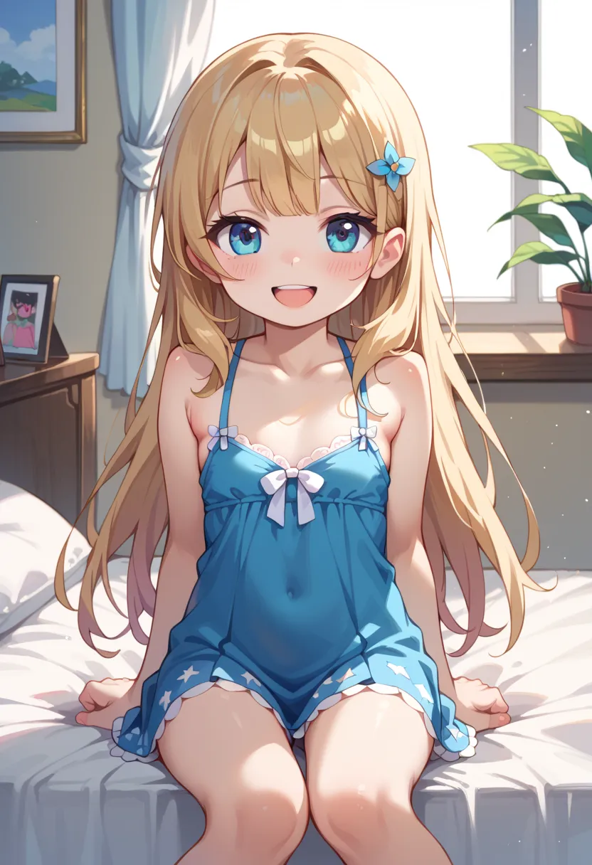 ((TOP QUALITY)), ((masterpiece)), (be familiar with),  perfect face, indoors, bedroom, watching viewers,
One woman,  Gamemun Neko ,
open mouth, ecstatic expression, blush, smile,
 small tits,  flat chest, Young girl,  lori,  ,  girl,
 long hair, long hair,...