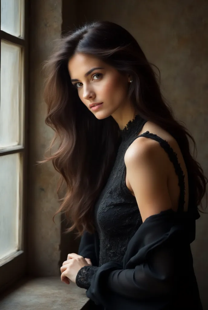 arafed woman in a dress very long hair, leaning on a railing, looking from side, profile shot, side pose, posing elegantly, looking off to the side, elegant pose, beautiful iranian woman, side portrait