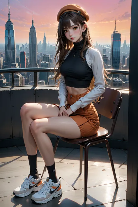 beauty young woman, sitting posed on chair, skyscraper on background, pink sky, BREAK, (swept-side bang, brown hair, long hair, long hairlock, beige cap or beret), BREAK, ((mixed between white long sleeves turtleneck and black crop tank top), (grayish-oran...