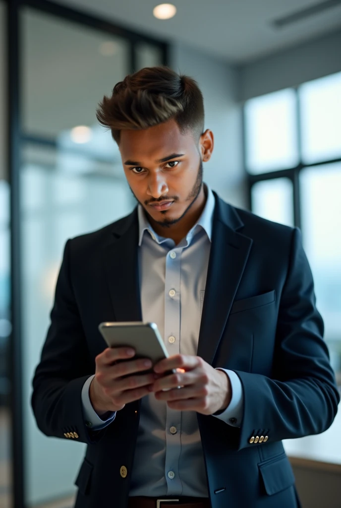 Blazer suit,small cutting hair,one Office,iphone on hand