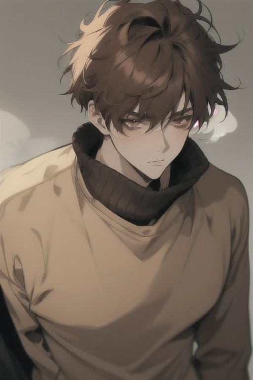 adult male ,  Black High Collar Sweater ,  Messy brown Hair , 1 Boy,  brown eyes  , male focus, focus,  anime style ,  Handsome, shadow background ,  Hazy Atmosphere ,  thick Tu style, watch,  Korean Style ,  Korean Comic Style , Natural Curl , 96YOTTEA St...