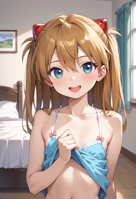 ((TOP QUALITY)), ((masterpiece)), (be familiar with),  perfect face, indoors, bedroom, watching viewers,
One woman, Soryu Asuka Langley,
open mouth, ecstatic expression, blush, smile,
 small tits,  flat chest, Young girl,  lori,  ,  girl,
 long hair, two s...