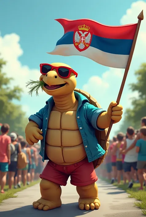 The cartoon turtle is holding a banner with the Serbian flag. He leads a lot of people on a walk over the hill on the main road. The whole column descends towards the city. The turtle has light brown skin and wears red sunglasses. He has grass in his mouth...