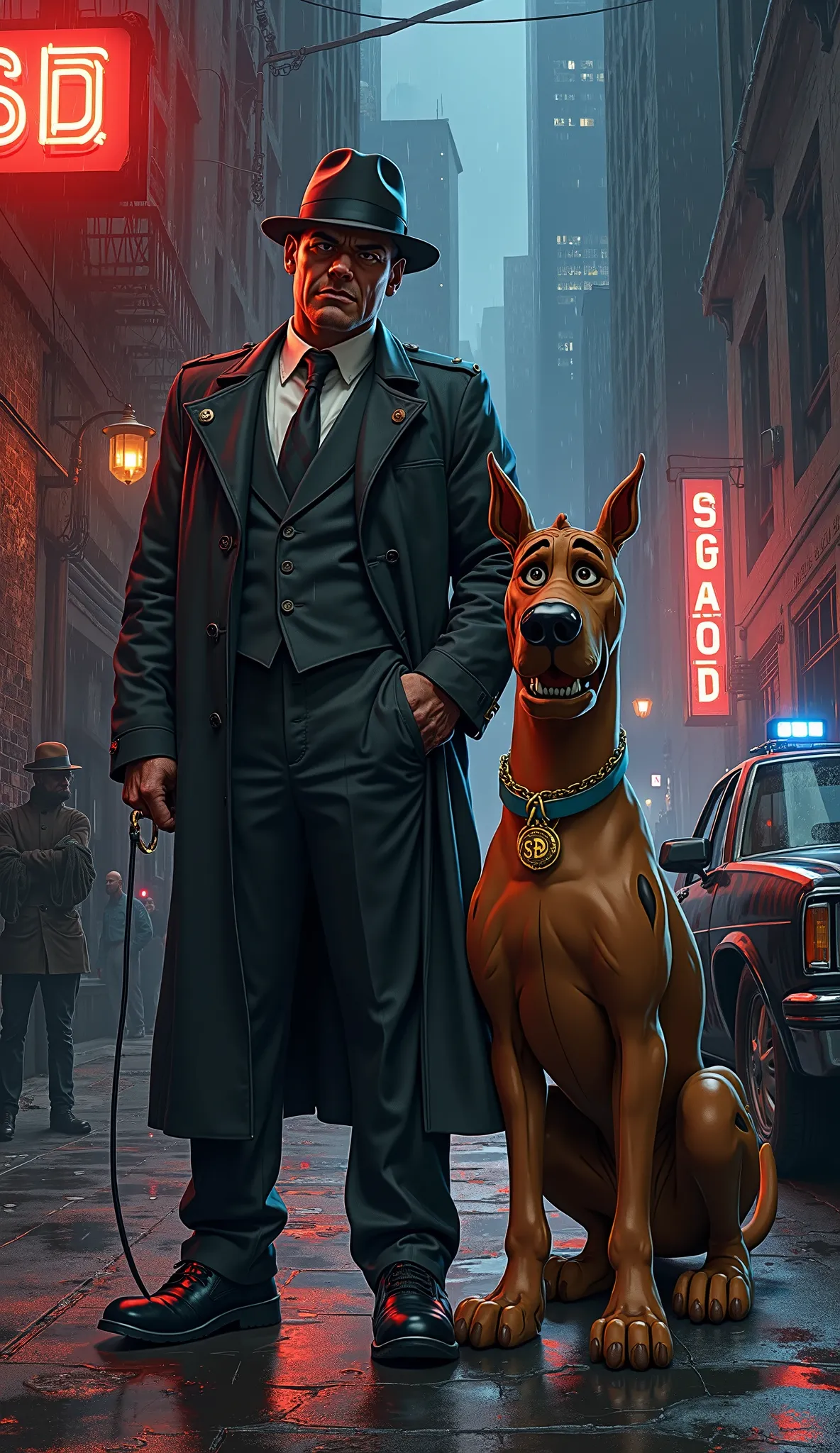 Create a highly detailed, 16K resolution illustration of Shaggy and Scooby-Doo, reimagined as ruthless New York Mafia figures, standing in a dark, rain-slick Manhattan alley, bathed in flickering neon light. The scene is raw, candid, and dripping with mena...