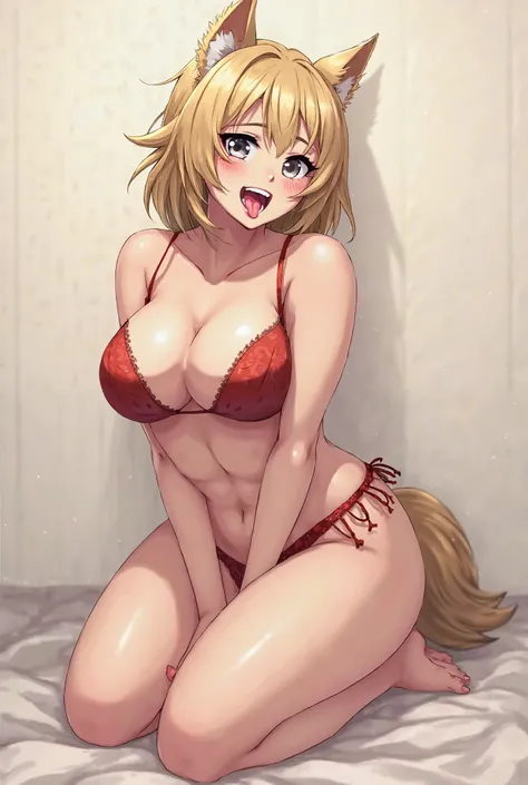 1girl, Short Hair, Blonde Hair, breasts, Wolf Ears, Open Mouth, Tongue Out, Drooling, Ahegao, Moaning, POV, Simple background, on her knees, facing viewer, curvy, bikini