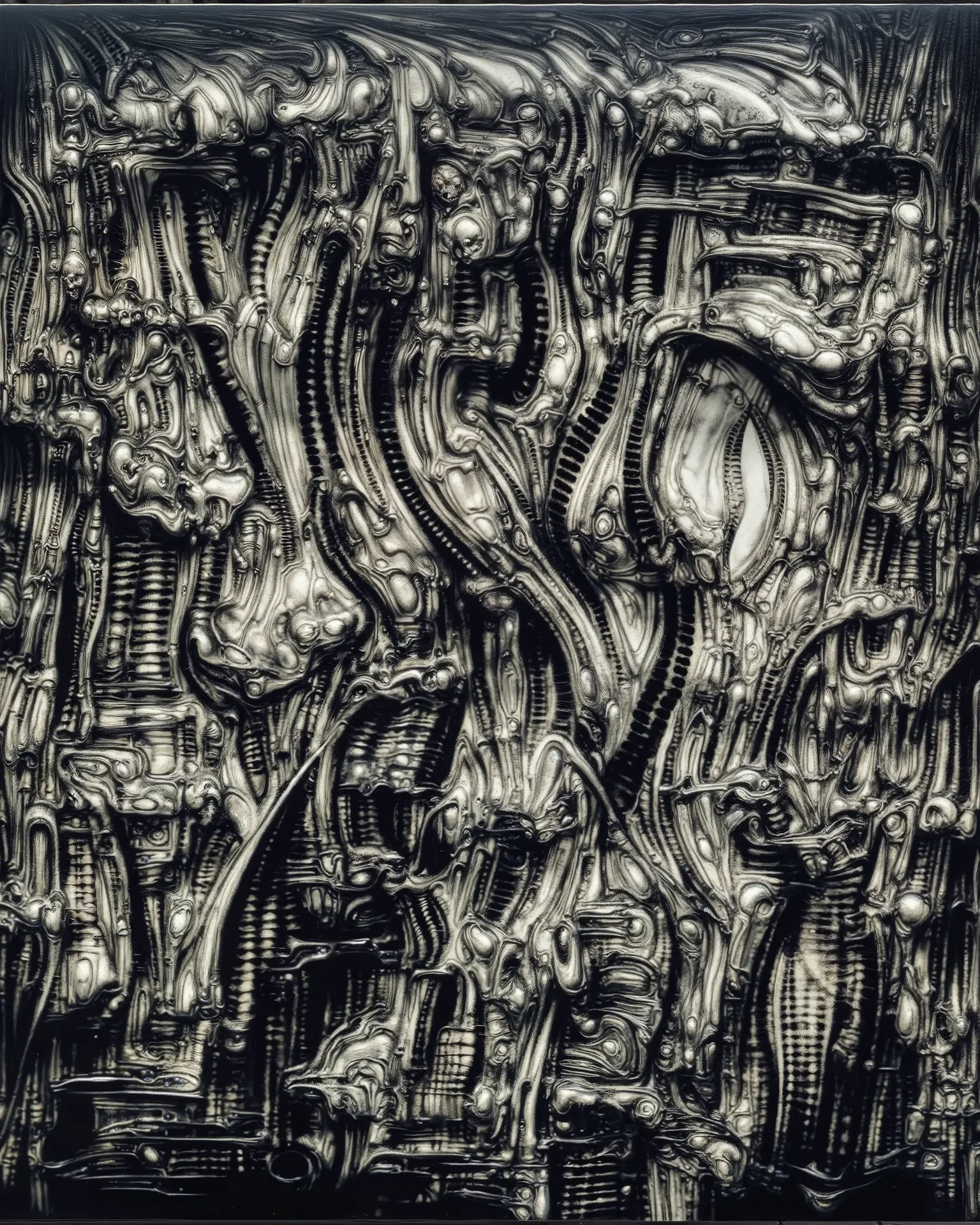 Please reproduce the original image as accurately as possible, capturing the intricate details of the biomechanical structures, the dramatic lighting, and the overall sense of unease. Find and enhance depiction of Giger's demons and creatures.(best quality...