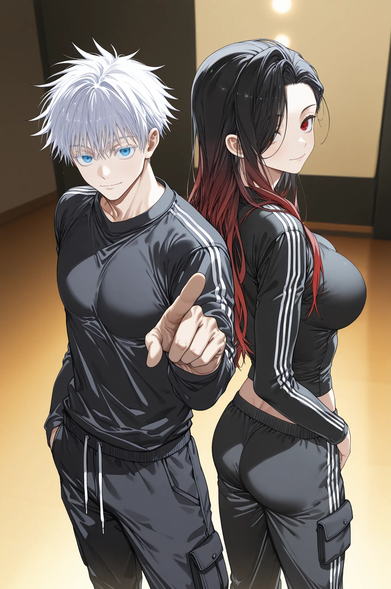 suou (sdurorhr), ningen mame, (ciloranko:0.7), 1boy, male focus, gojou satoru, jujutsu kaisen, blue eyes, white hair, short hair, sexy man, handsome, mature male, cool, high fashion, BREAK duo focus, hetero, couple, size difference, height difference, kpop...