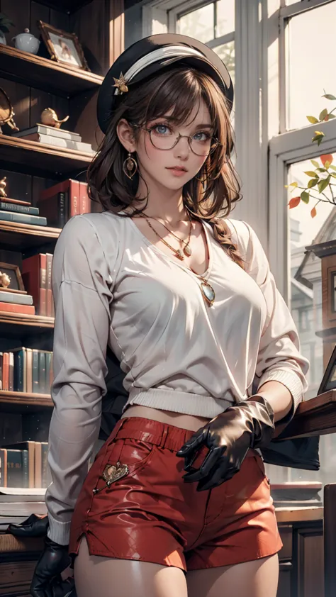  ( masterpiece:1.3), (TOP QUALITY:1.3),indoors,Bookshelf, window,Alone,1 girl,  I traveled_Rugged,  upper body, standing,brown hair, brown eyes, Alone, hairclip, earrings,   jewelry, short_hair, white_hat,  above Decorati has , hair_ornament, brown_ gloves...