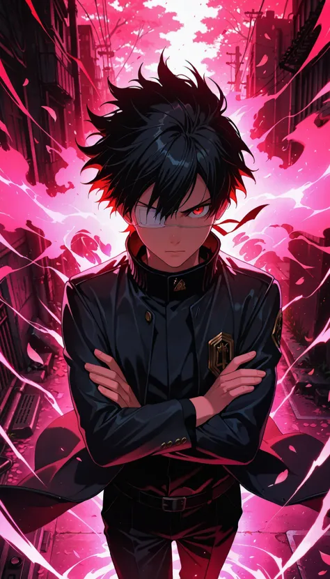 aniwall, anime, aesthetic, 8k wallpaper, detailed, 1man, handsome, short_hair, looking_at_viewer, serious, confident, medical_eye_patch, left_eye_patch, black_hair, red_eyes, school_uniform, black_uniform, gold_accents, high_collar, black_pants, jacket, co...