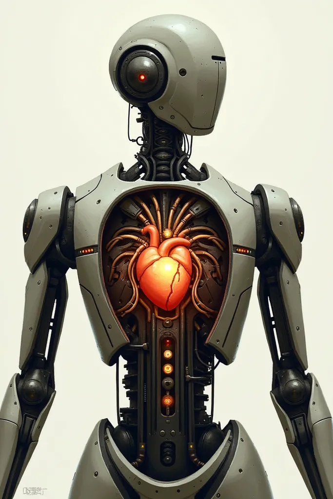 In 2D create an image of the back of a robot, with open chest door opening, showing the heart 