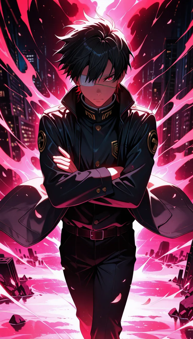 aniwall, anime, aesthetic, 8k wallpaper, detailed, 1man, handsome, short_hair, looking_at_viewer, serious, confident, medical_eye_patch, left_eye_patch, black_hair, red_eyes, school_uniform, black_uniform, gold_accents, high_collar, black_pants, jacket, co...