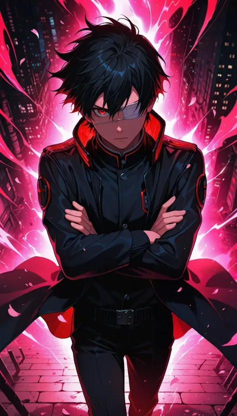 aniwall, anime, aesthetic, 8k wallpaper, detailed, 1man, handsome, short_hair, looking_at_viewer, serious, confident, medical_eye_patch, left_eye_patch, black_hair, red_eyes, school_uniform, black_uniform, gold_accents, high_collar, black_pants, jacket, co...