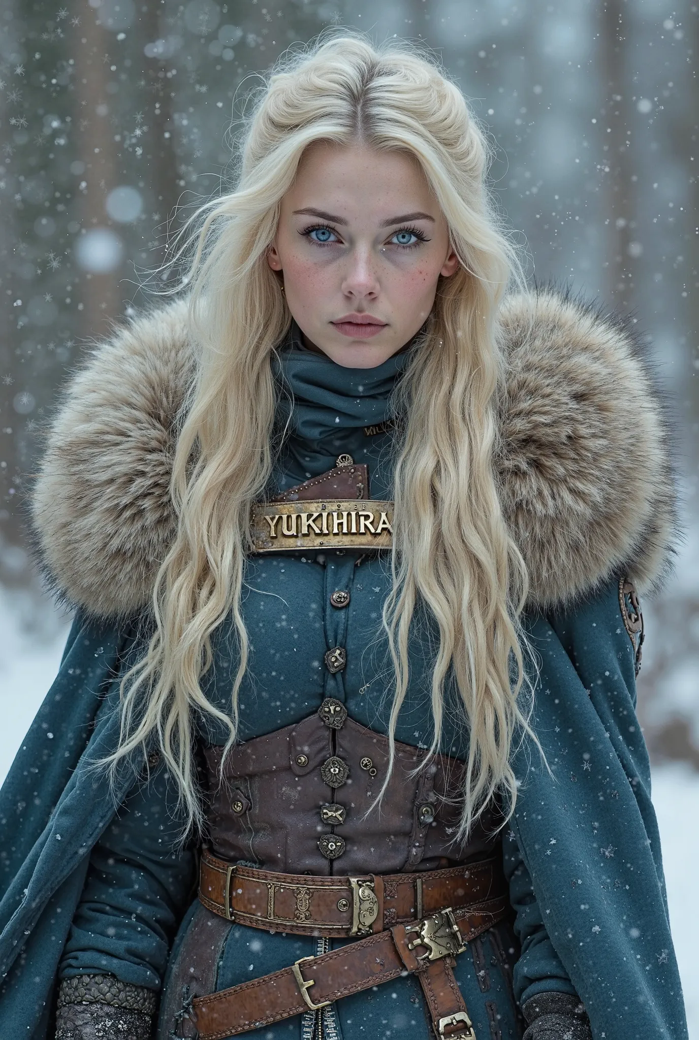 woman with blonde hair and ice blue eyes wearing medieval cold weather clothes. with a name plate on her weather clothes that says "YUKIHIRA" and the letters "TBFE" on her background with bold 3D letters.Long Hair, Large breasts, 