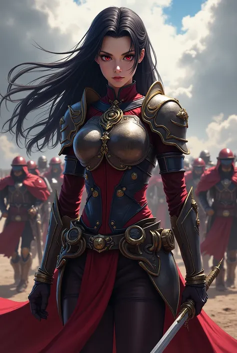 Anime girl with dark red eyes and black hair leading an army 