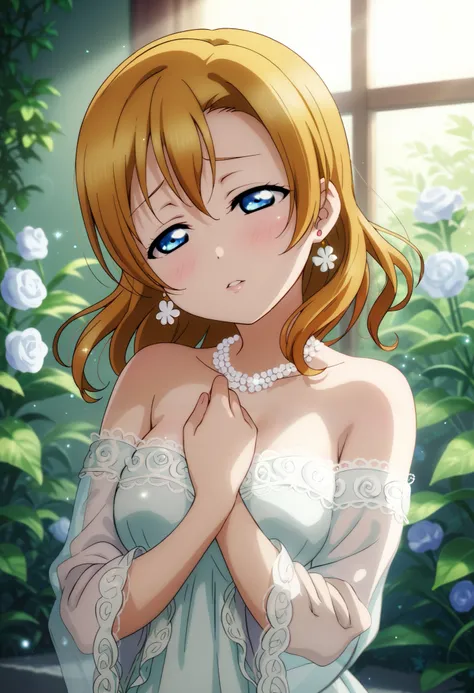 (Masterpiece, Best Quality, High Quality), upper body only, head tilt,half closed eyes,anime style, love live, kousaka honoka, kousaka honoka, id_honoka_kosaka, love live, blue eyes, brown hair, 8k wallpaper, earrings, (Elegant, off-shoulder evening dress)...