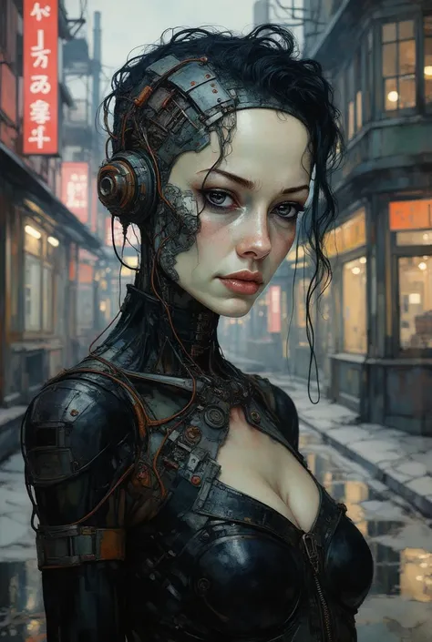 a beautiful cyborg woman, extremely detailed futuristic cyberpunk style, intricate cybernetic components, sleek cyberpunk outfit, dark gritty atmosphere, dramatic lighting, volumetric fog, neon city in the background, intricate mechanical details, highly d...