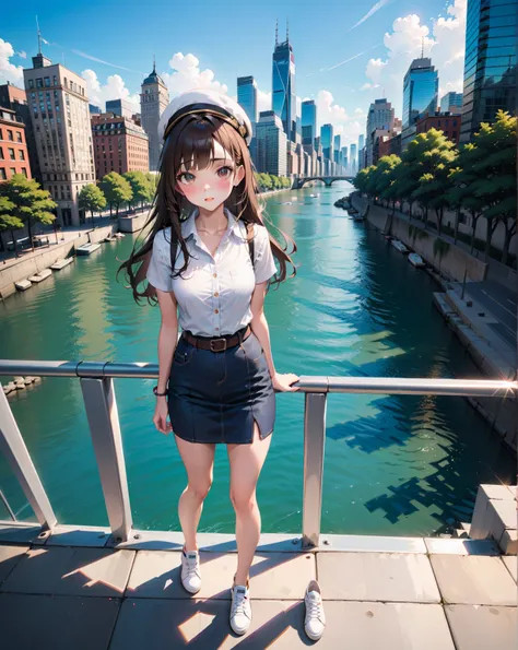 beauty young woman, standing posed, skyscraper and river on background, BREAK, (forehead, dark-brown hair, long hair, white hat), BREAK, ((white short sleeves  collared shirt, black tank top), (navy-blue denim pencil mini skirt, brown belt), white sneakers...