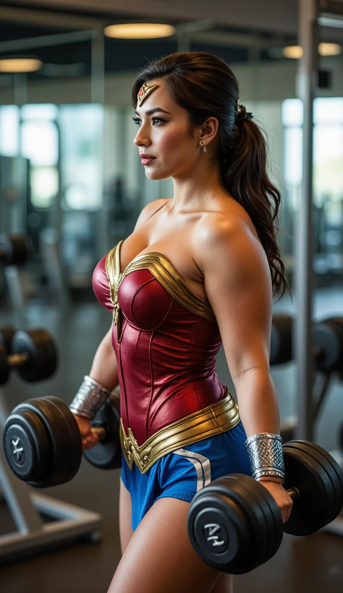 Wonder Woman workout in gym with dumbles